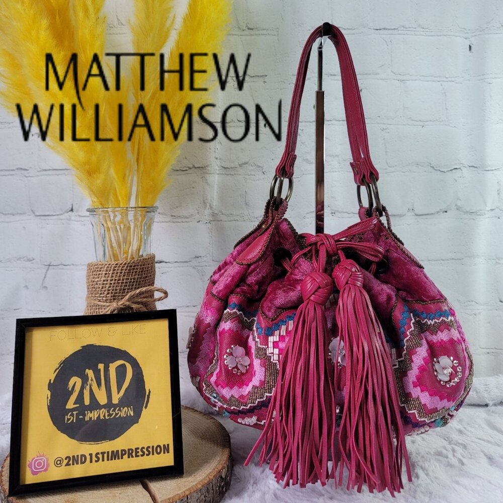MATTHEW WILLIAMSON Pink Vibrant Round Drawstring Velvet Shoulder Bag